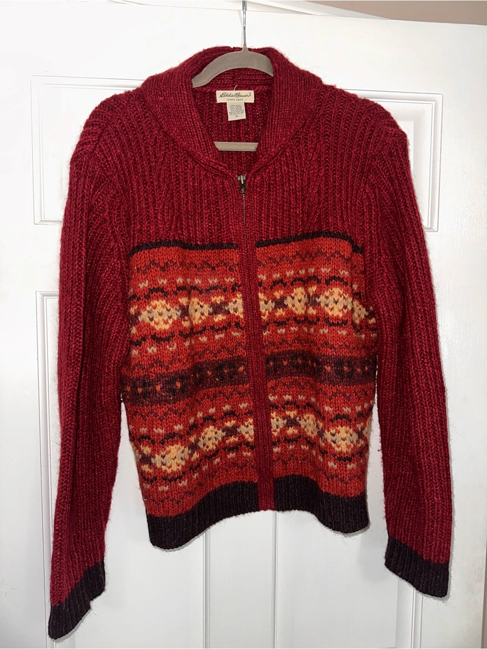 Eddie Bauer Red Zip-Front Fair Isle Cardigan with Multicolor Pattern